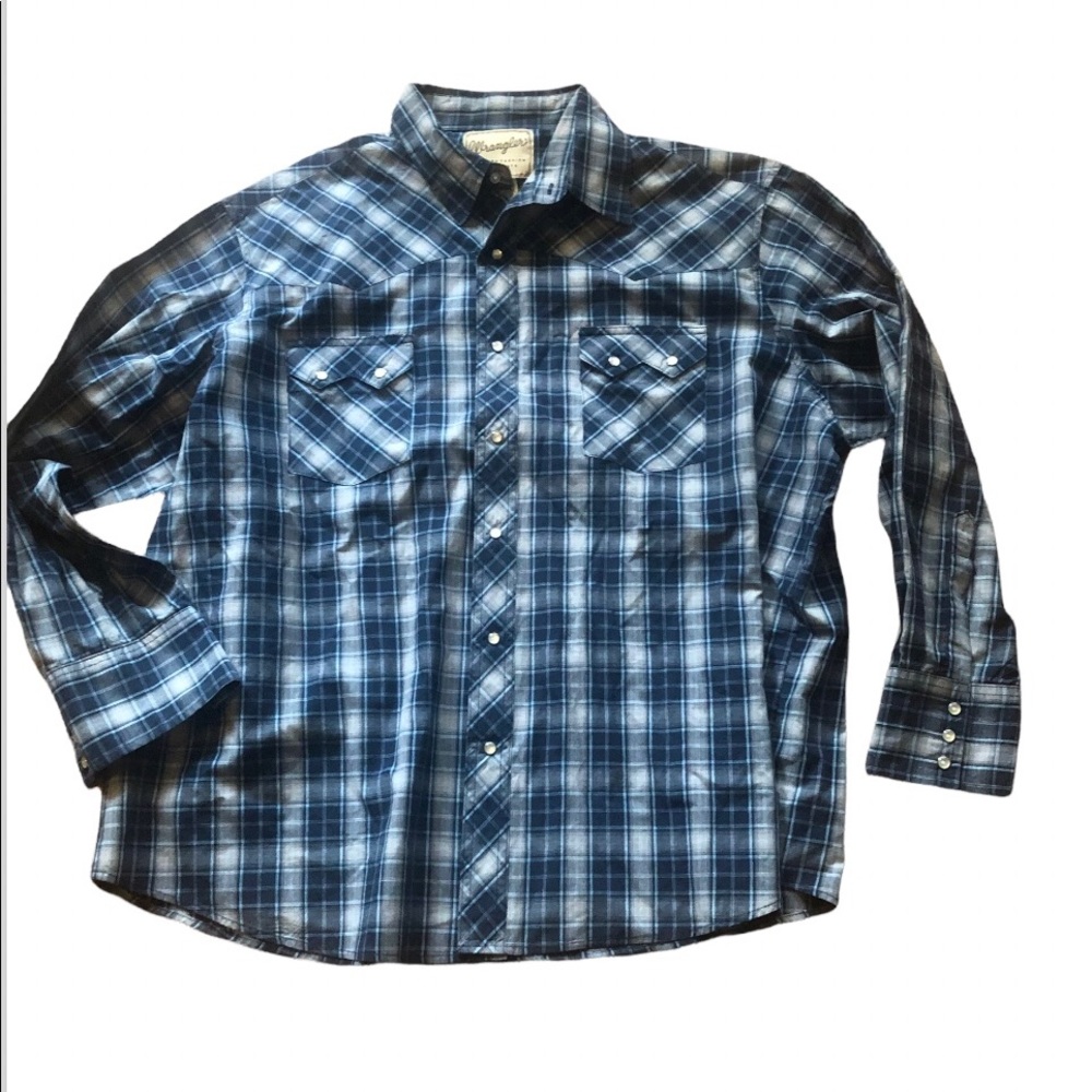 Wrangler Western Shirt Long Sleeve Button Down Pearl Snap Mens Sz XXL Plaid Blue